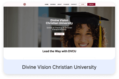 Screenshot of the divinevisionchristianuniversity.com home page, built with Vonza