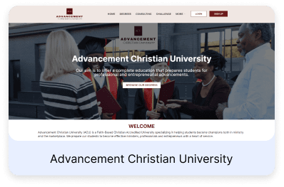 Screenshot of the advancement.university home page, built with Vonza