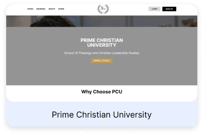 Screenshot of the primechristianuniversity.com home page, built with Vonza