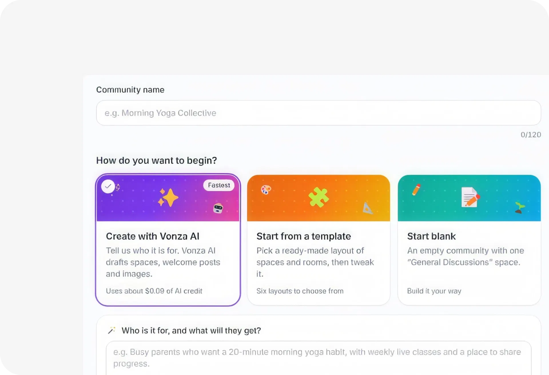New community setup: name, then create with Vonza AI, start from a template or start blank