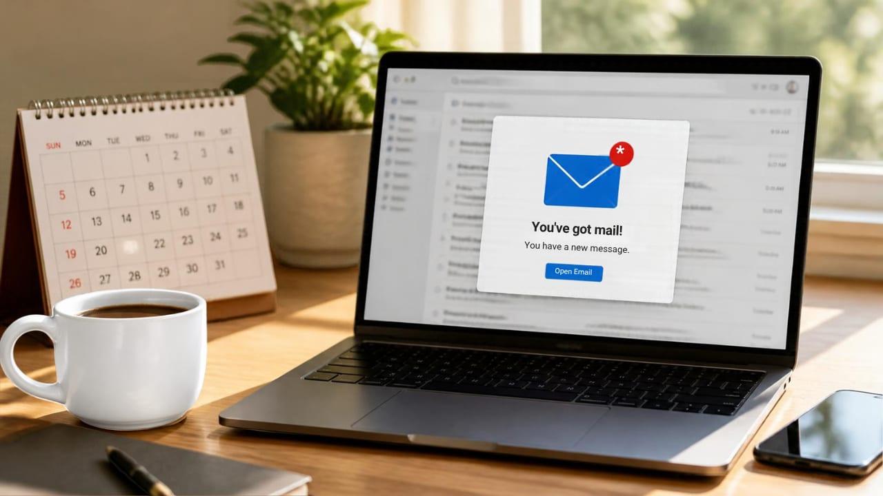 Laptop showing an automated welcome email notification next to a calendar