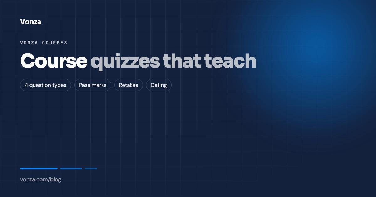 A course quiz editor with a passing score, attempts, retake and graded settings and a multiple-choice question