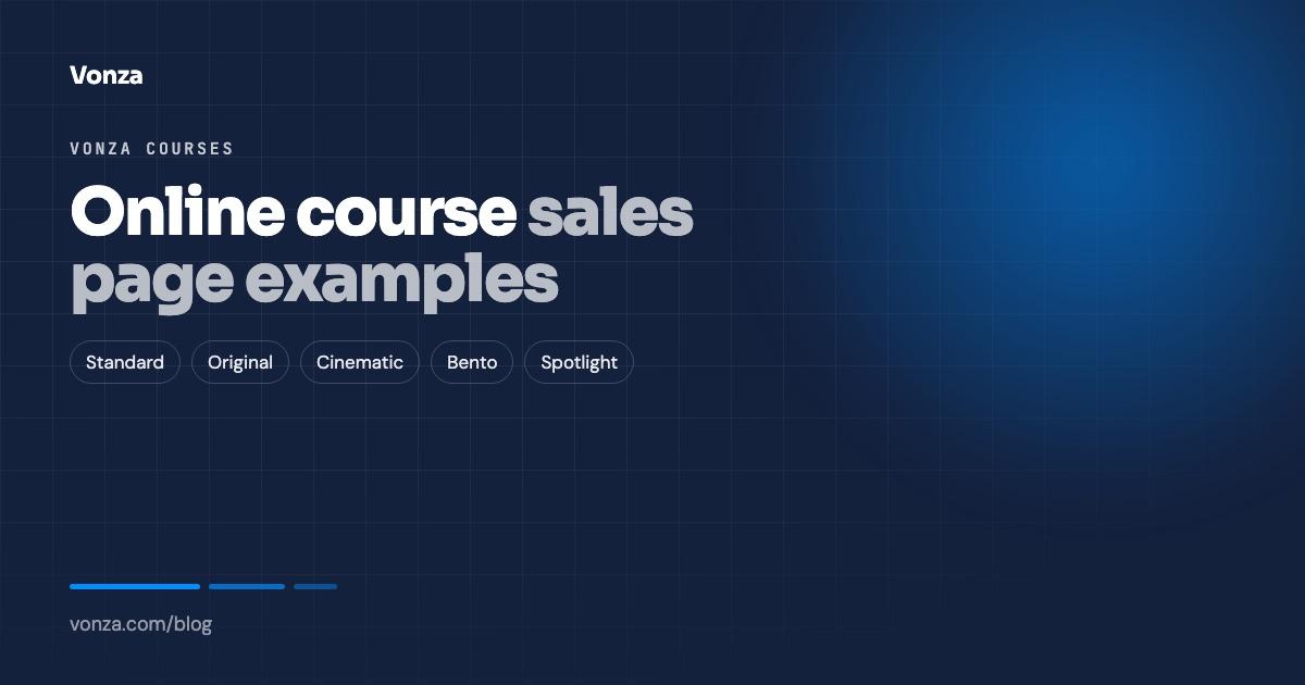 Five course sales page layouts side by side: Standard, Original, Cinematic, Bento and Spotlight