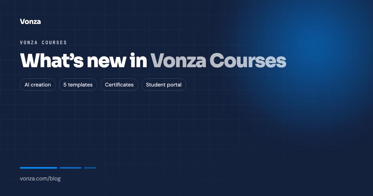 What’s new in Vonza Courses: the courses app, AI creation, templates, certificates, student portal, quizzes, pricing and live lessons